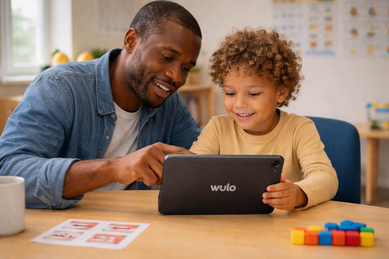 A father helping his child practise speech exercises at home with a tablet