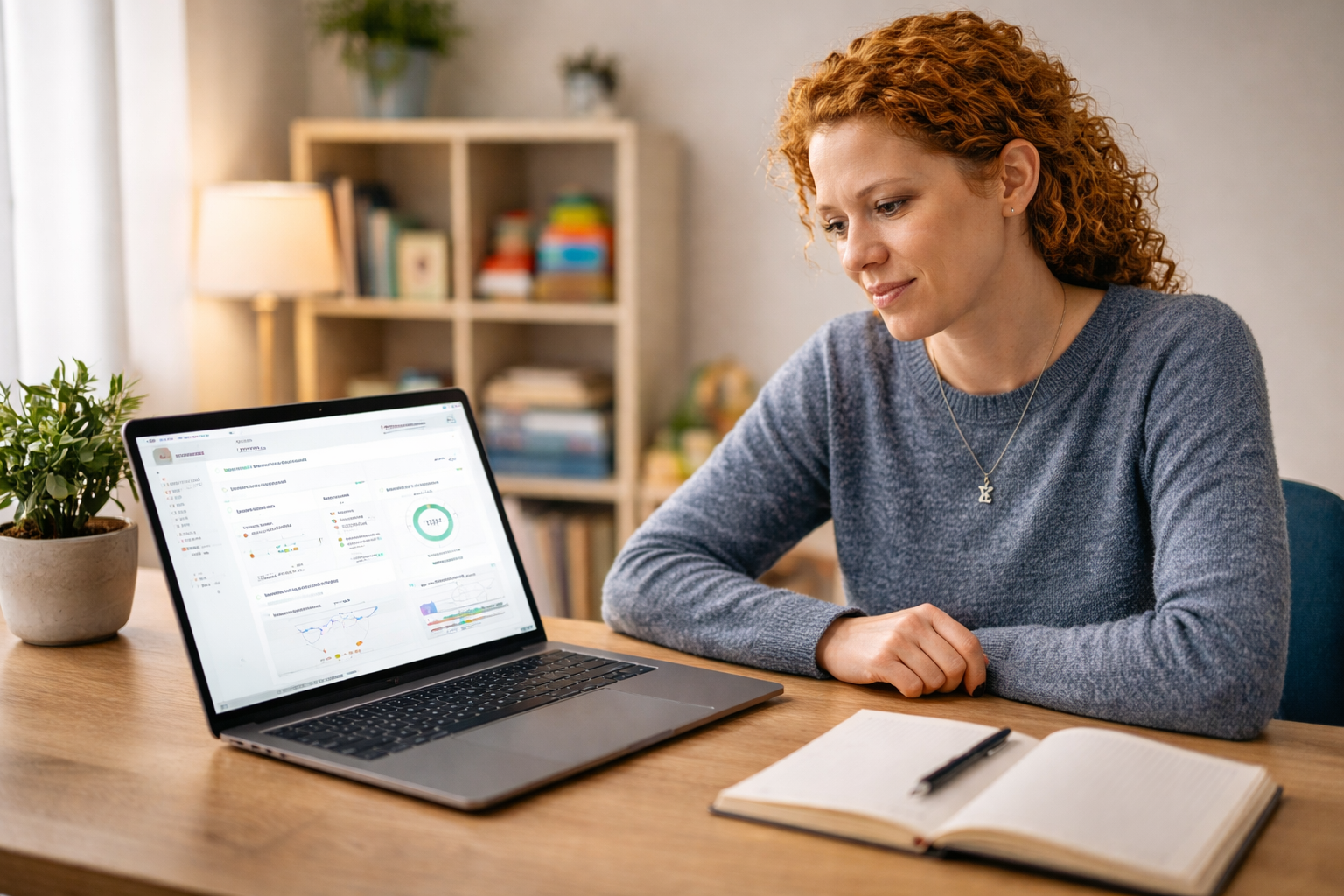 A speech therapist reviewing between-session progress data on a laptop, preparing for the next appointment