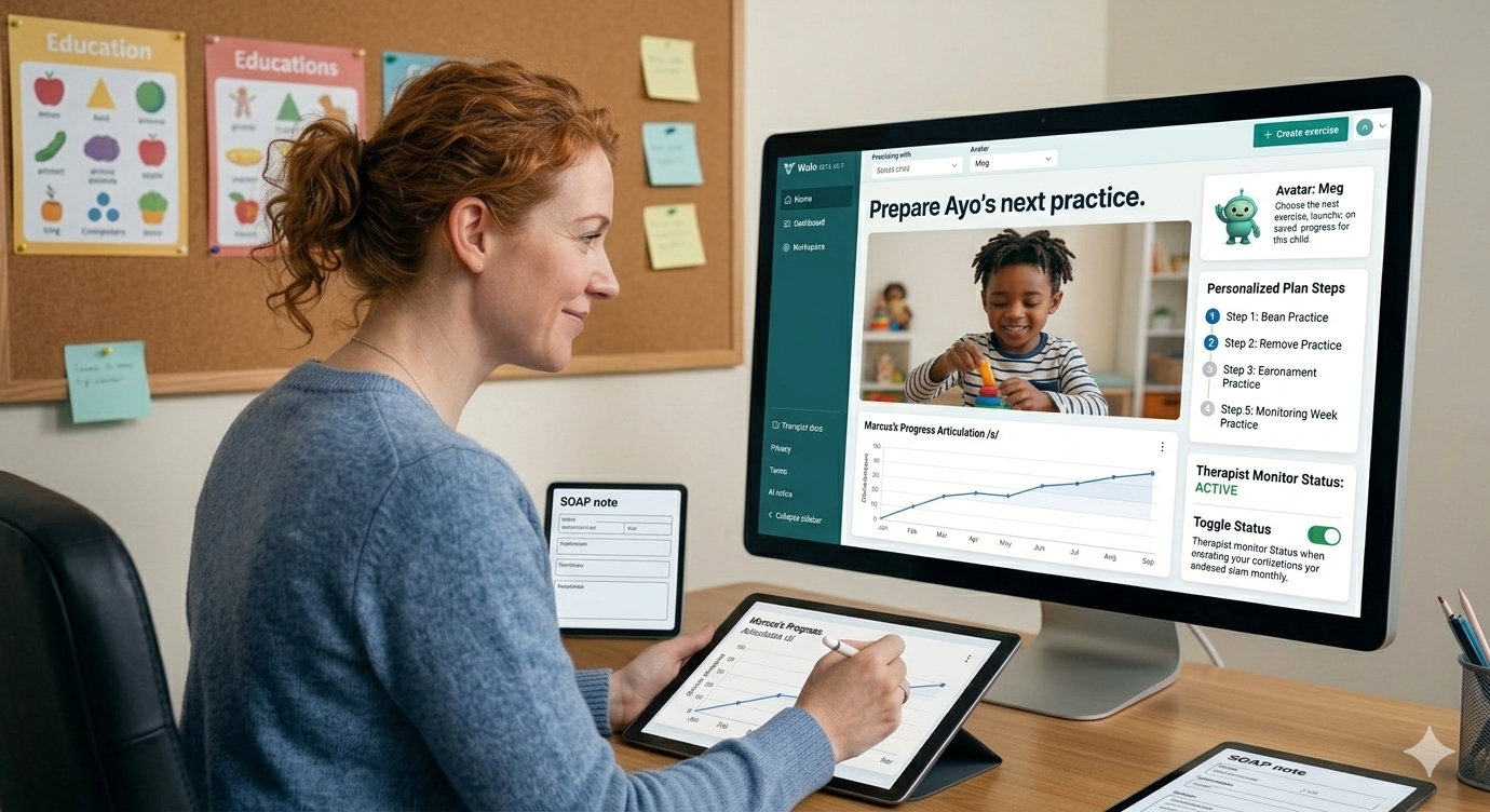 A speech and language therapist using the Wulo dashboard to review progress monitoring charts, SOAP notes, and personalised practice plans